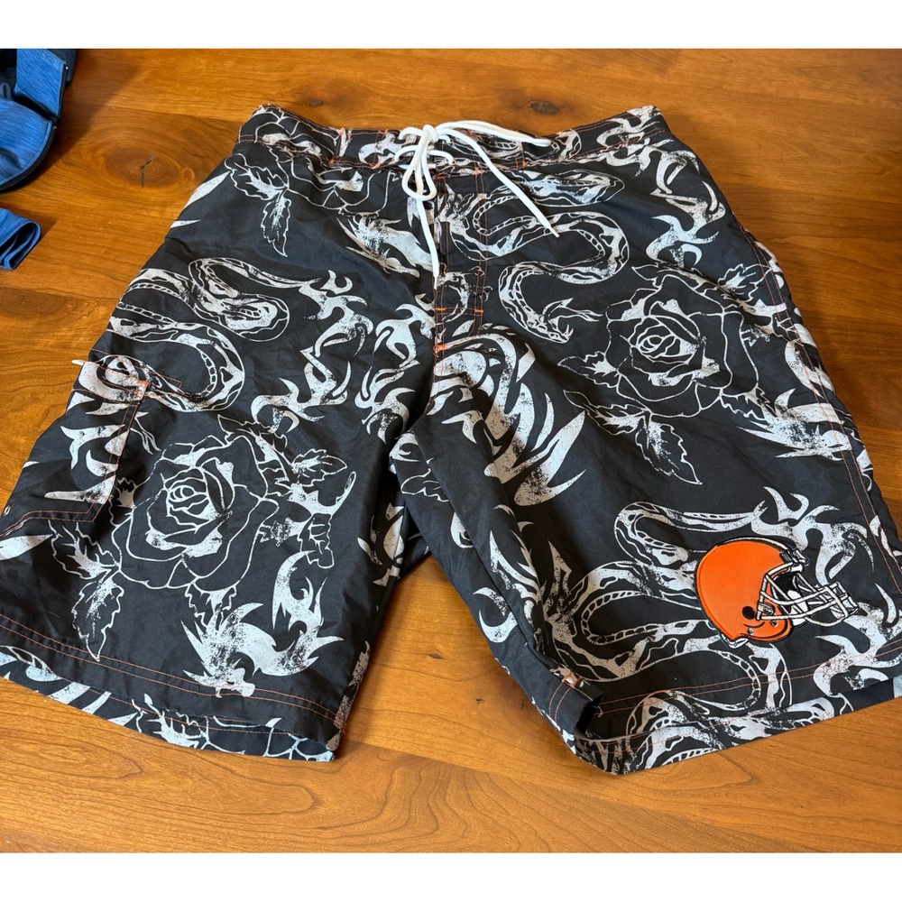 NFL Cleveland Browns Mens Board Shorts Black White Graphic Swim Trunks Large